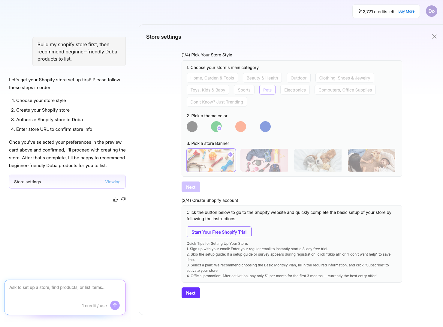 Shopify store setup workflow in Doba Pilot