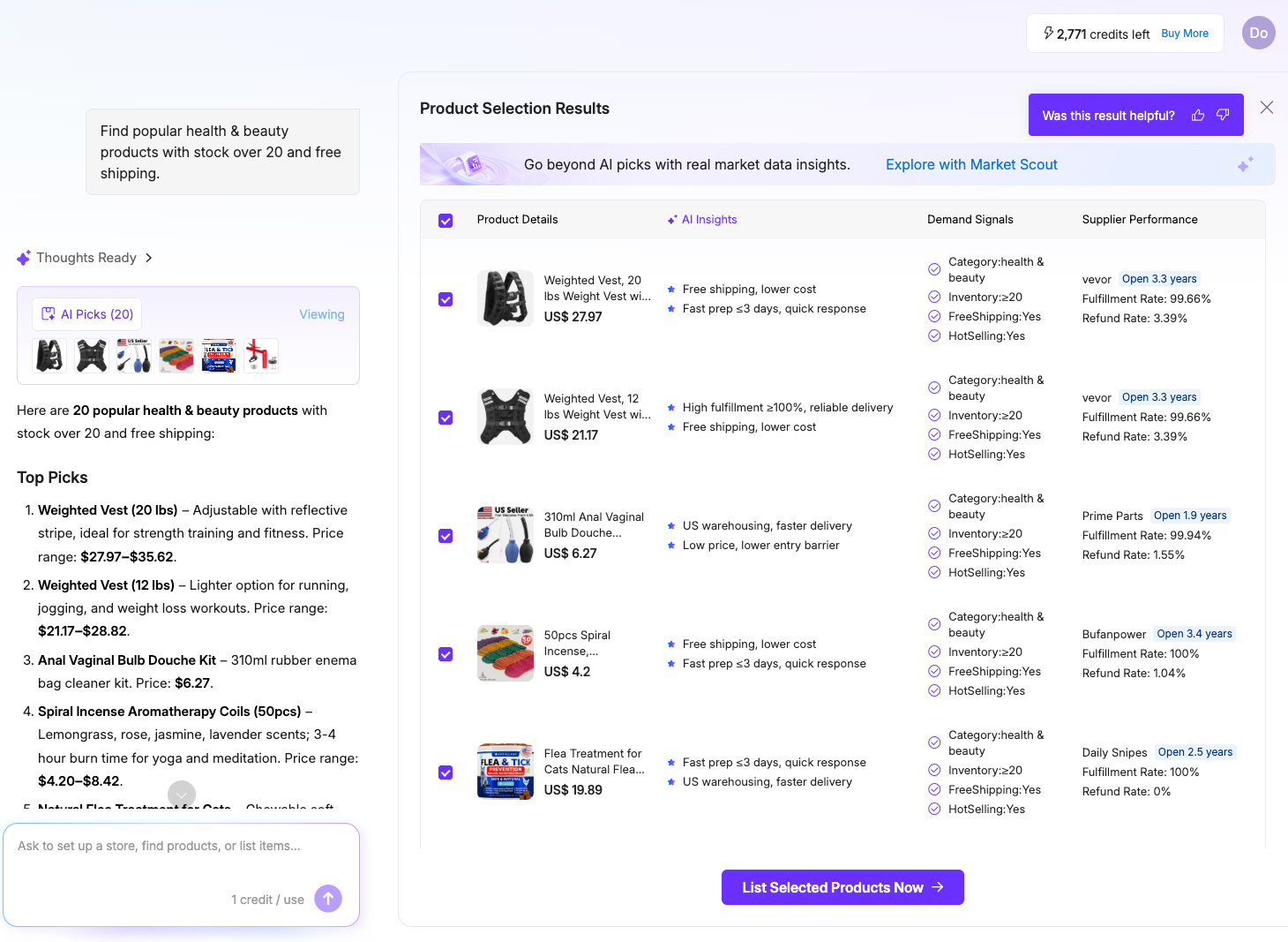 AI product sourcing results in Doba Pilot