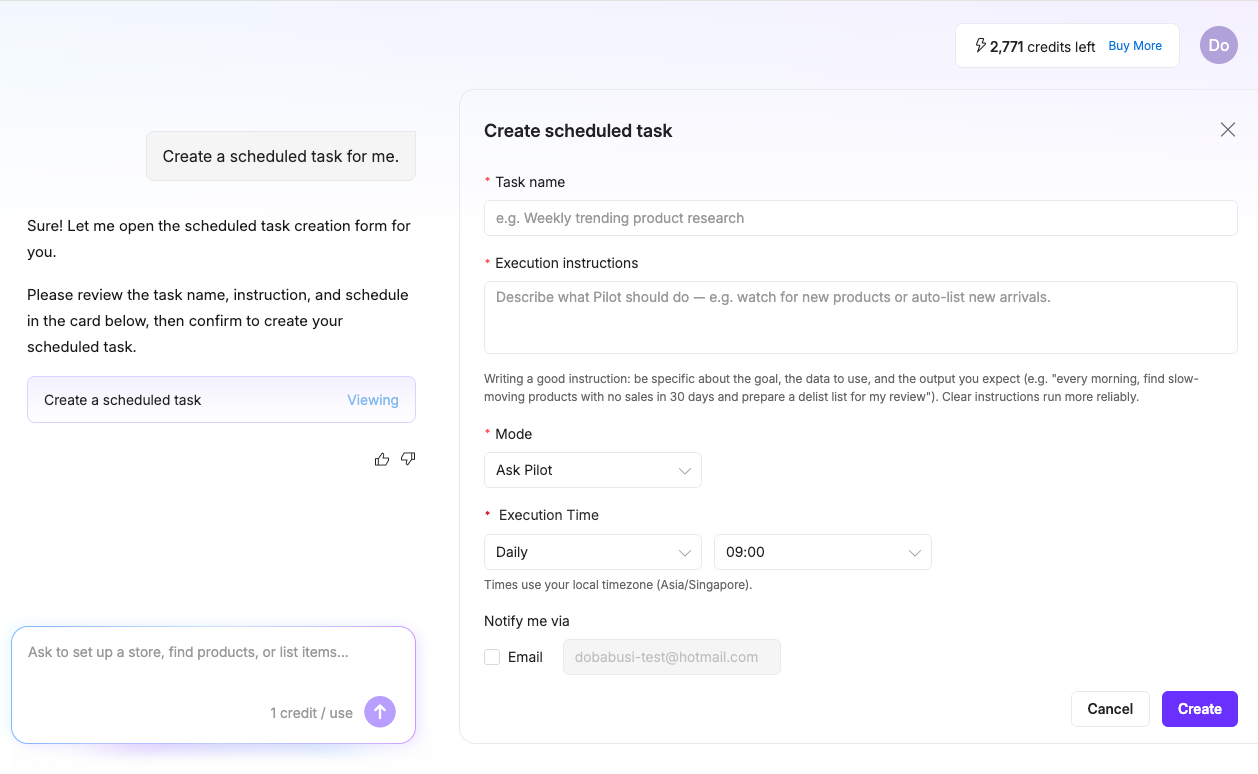 Create a scheduled task in Doba Pilot