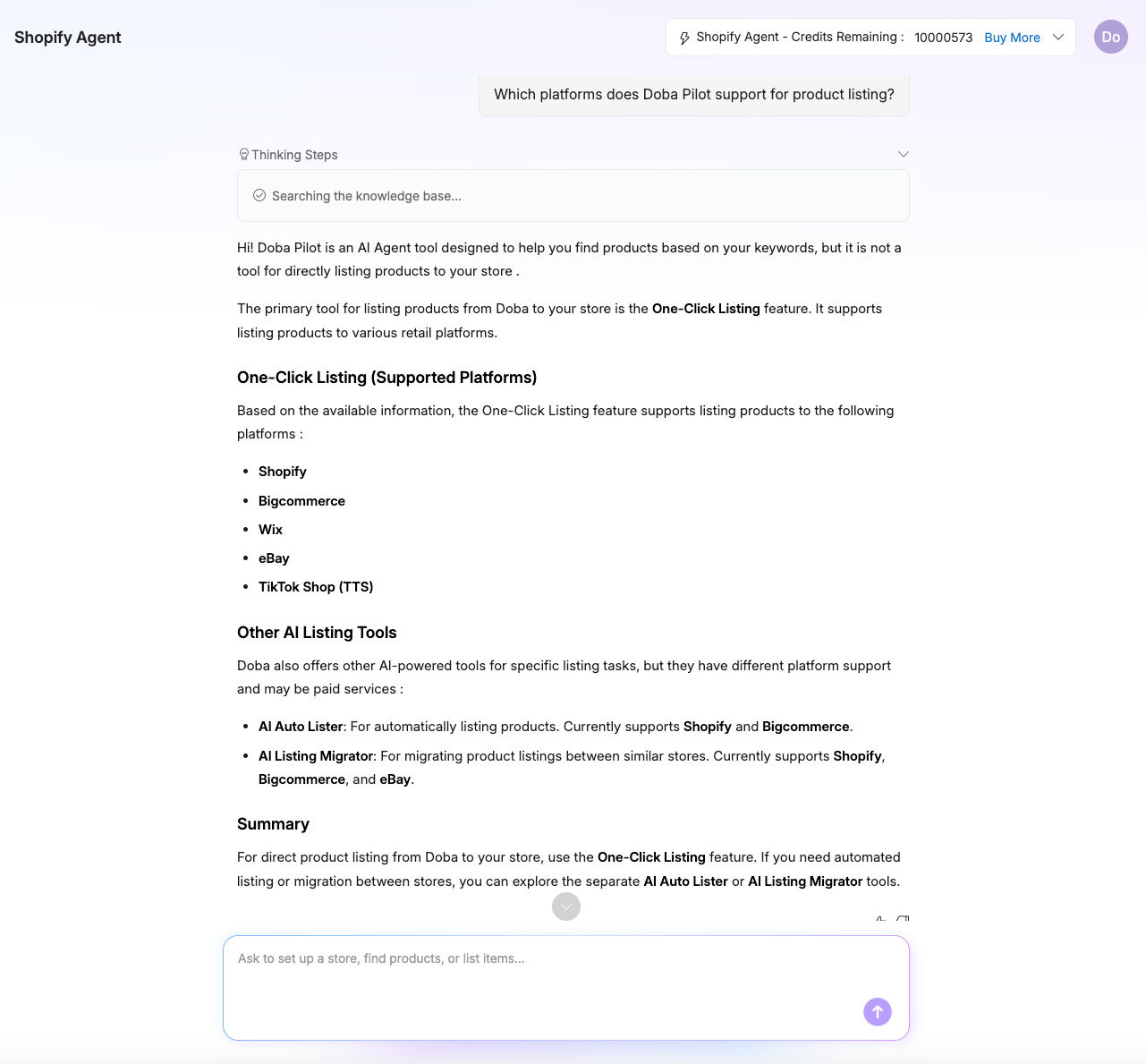 Doba Pilot knowledge base answer