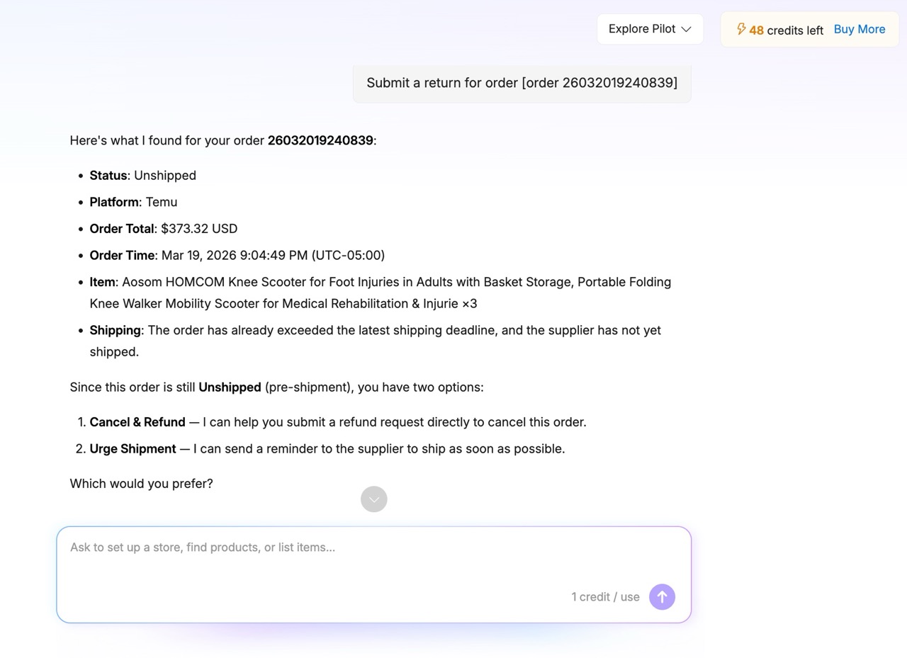 Doba Pilot order status with refund and expedite-shipment options