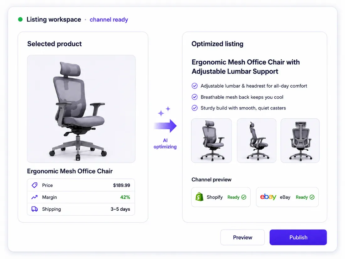 Listing workspace with generated title, description, and item specifics
