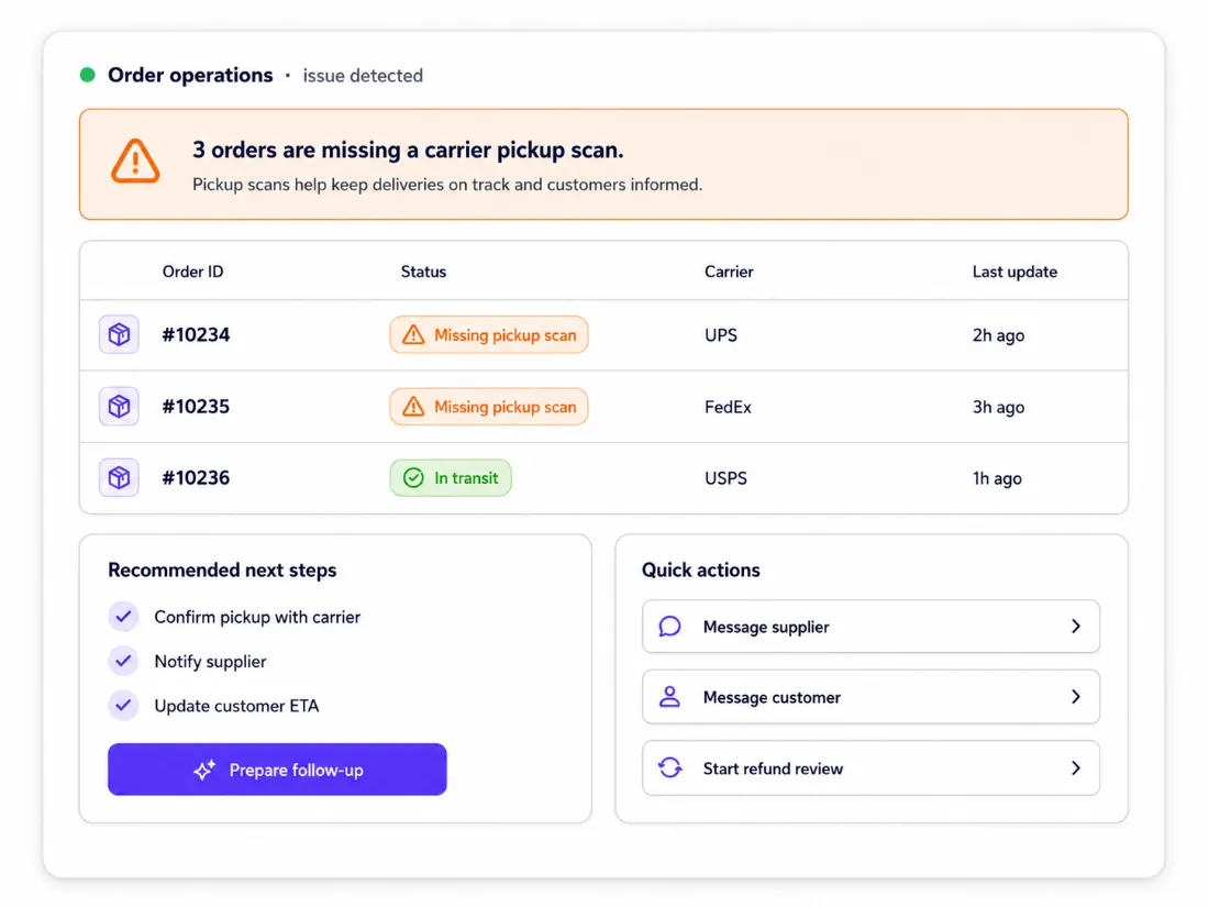 Order operations view flagging a missing carrier pickup scan